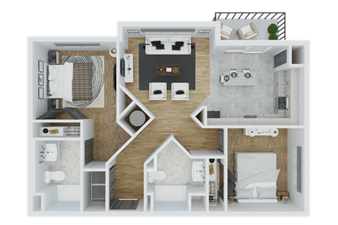 Floor plan for 2 beds, 2 baths, 978 sqft
